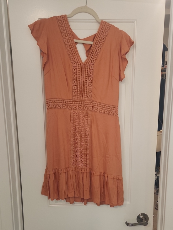 Sincerly Jules Dresses & Skirts - Flutter Sleeve Crochet-Trim Dress in Rust